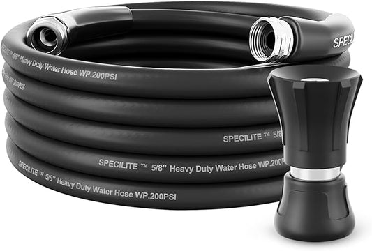 SPECILITE 5/8 Garden Hose 25 ft with High Flow Nozzle, Heavy Duty Flexible Hybrid Rubber Water Hose for Outdoor, Lightweight, Leak-Proof, No-Kink, 3/4Stainless Steel Fittings,Black