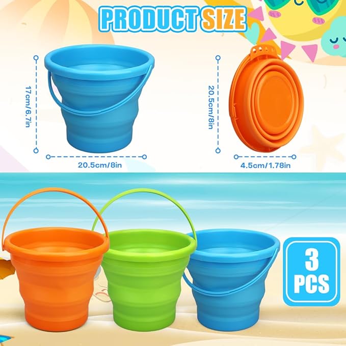 Collapsible Bucket Sandbox Kit Toys for Kids, Foldable Bucket Multi Purpose Sand Pail for Garden Planting Washing Camping Fishing, Beach Essential Travel Toys Summer Activity, Easter Egg Bucket Gift