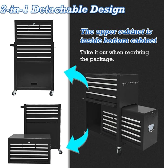 13 Drawers Tool Chest with Wheels,Large Capacity Tool Storage Cabinet with Removable Top Toolbox, Locking Mechanical Tool Cart with Liner,Suitable for Garages, Warehouses-Black