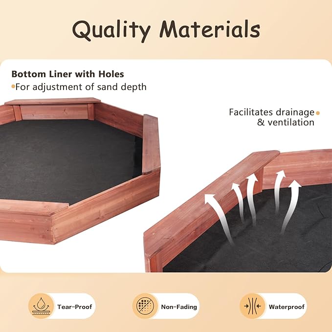 Wooden Octagonal Sandbox with Cover, Outdoor Sandpit with 4 Bench Seats, Sand Box for Children, Beach for Backyard, Patio, Garden£¬red