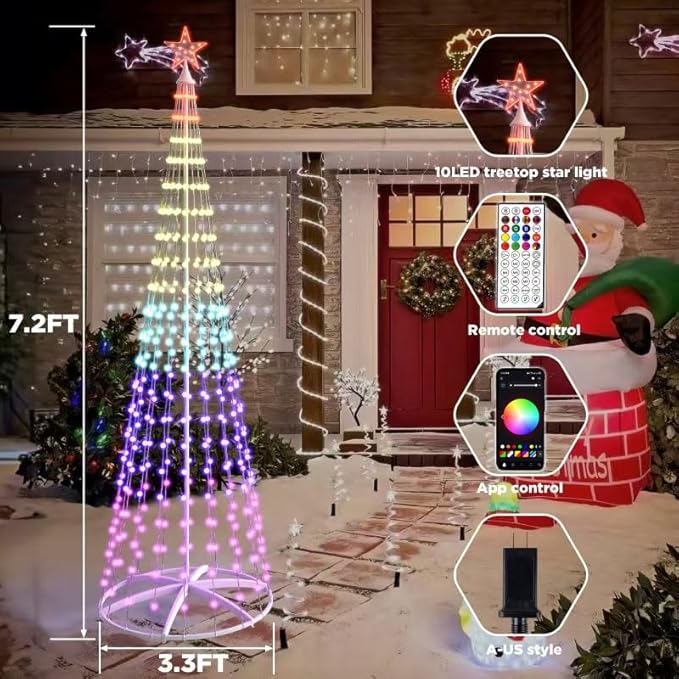 Christmas Tree with Lights, 7.2 FT 352 LED Smart Color Change, Bluetooth App & Remote Control, Timer Music Sync, DIY RGB Outdoor Christmas Tree Show for Christmas Decorations
