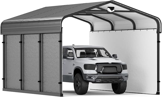 10x15 Metal Carport, Heavy Duty Car Carport Canopy, Galvanized Steel Roof Car Tent Garage, CarPorts with Removable Polyethylene Sidewalls