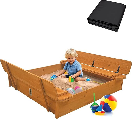 Wooden Sandbox with Cover, 48x48 Inch Large Outdoor Sand Box for Kids Ages 4-8, Cedar Wood Sandpit with Foldable Bench Seats & Bottom Liner