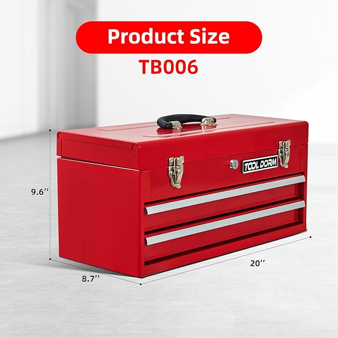 20.3¡° Metal Tool Box with Drawer Portable Steel Tool Box with Liner and Latch Closure and Lock for Garage, Home and Warehouse (Red-2 Drawers)