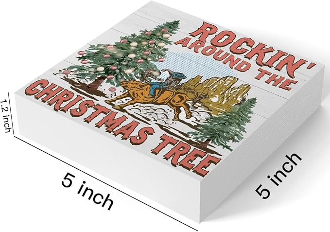 Christmas Rockin Around The Tree Sign Western Cowboy Sign Christmas Tree Decor Winter Desk Accessories Decorations for Table Home Shelf Office Gifts for Women 5 X 5 Inch