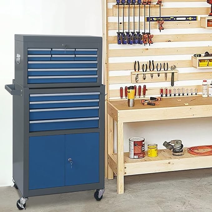 13-Drawer Tool Chest with Double Door and Wheels, Large Detachable Tool Box with Sliding Drawers, Mechanic Toolbox Storage Cabinets, Metal Tool Cart for Garage Workshop (Blue£¦Grey)