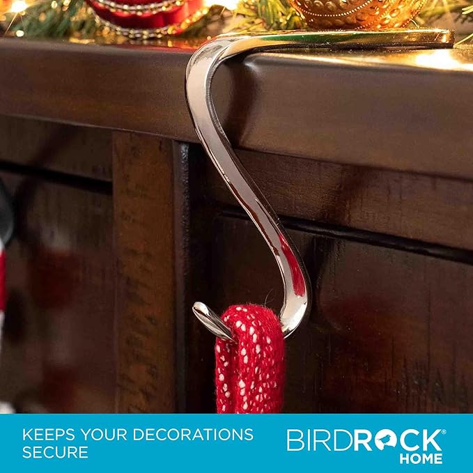 BIRDROCK HOME Christmas Stocking Mantel Hooks - Metal Fireplace Hanger with Non-Slip Pads - Holds Up to 10 lbs - Ideal for Hanging Stockings, Garland & Holiday Decor - 4 Pack, Scroll Design (Silver)