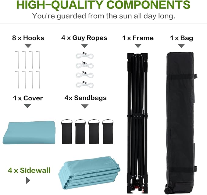 10X10 Comercial Pop Up Canopy Tent with 4 Sidewalls and 6 Pockets, One Push Setup Center Lock, for Beach Patio Outdoor, Case, 8 Stakes, 4 Ropes, 4 Sandbags (Sky Cyan)