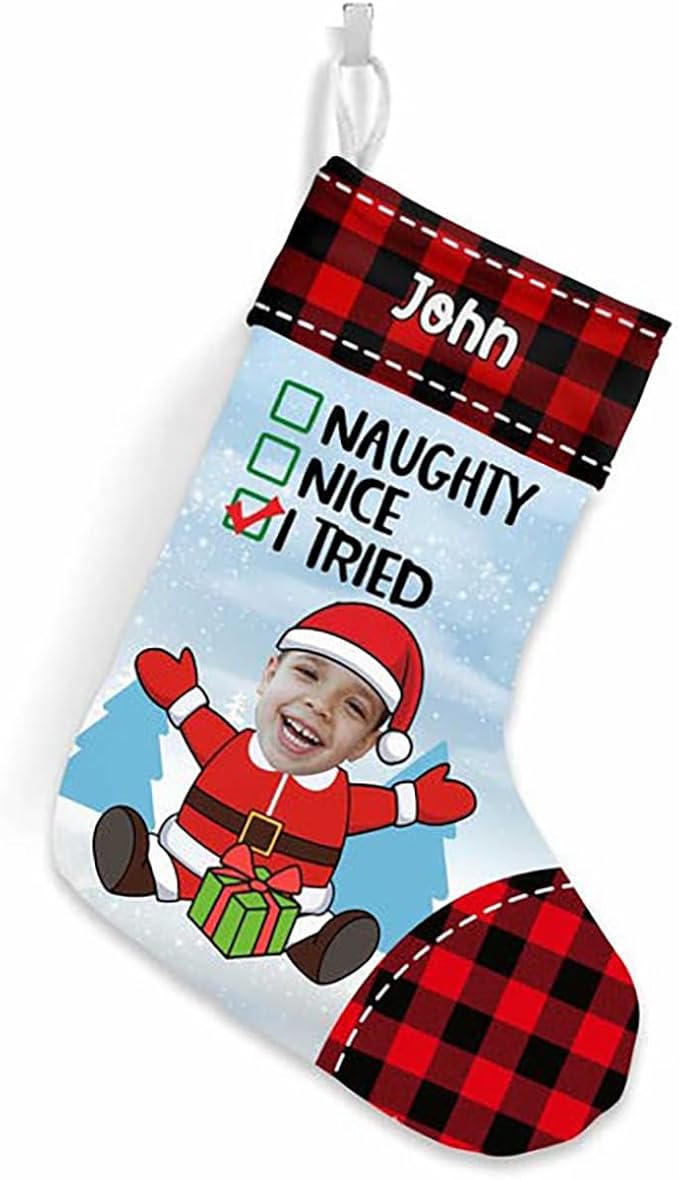 LOVELYPOD Christmas Stockings Personalized with Name, 19" Christmas Stocking Photo Nice Naughty I Tried Family Friends Stocking 2023, Xmas Stocking Holiday Christmas Decoration Gifts for Family Kids