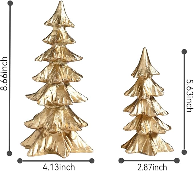 Gold Christmas Tree Figurines, Small Resin Christmas Trees Home Decor, Tabletop Tree Set of 2, Decorative Xmas Trees for Christmas Decorations Indoor Mantle Centerpieces