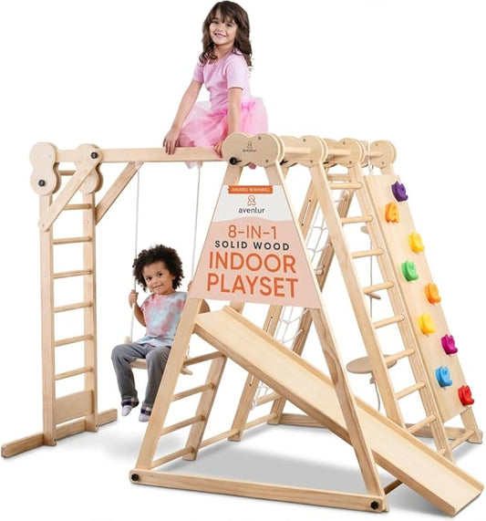 Avenlur 8-in-1 Indoor Play Gym ? Toddler Jungle Gym for Kids Ages 2?6 ? Indoor Playground Wooden Climbing Playset with Slide, Monkey Bars, Ladder, Rope Ladder, Rock Climbing, Swing, Rings, Disc Swing