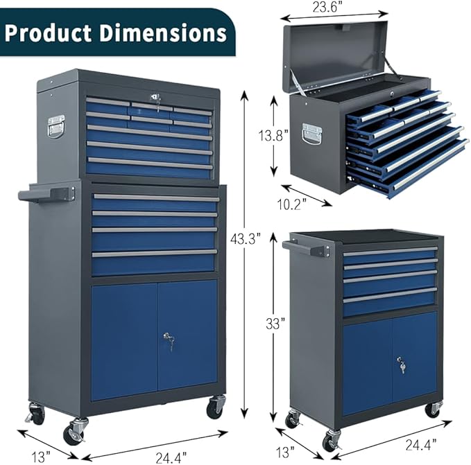 13-Drawer Rolling Tool Chest with Double Door, Extra Large Storage Cabinets with Tool Box, 2-in-1 Detachable Design, 600 lbs Capacity with Lockable Wheels for Garage, Mechanic & Home Use (Blue£¦Grey)