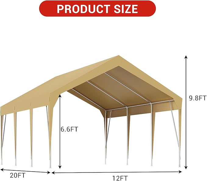 12x20FT Heavy Duty Carport Canopy Portable Garage Shelter, Waterproof UV-Resistant Outdoor Storage Cover with Adjustable Height for Cars Boats