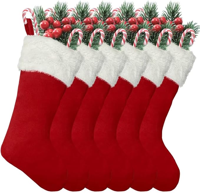 6Pack Red Christmas Stockings Traditional 20 Inch Large Vintage Christmas Stocking Polyester Plush Luxury Xmas Stocking for Family Holiday Party Decor and Xmas Tree Fireplace Mantle Pet