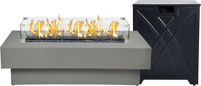 48-inch Fire Table with 20lb Propane Tank Cover & Wind Glass Shield, 50,000BTU Outdoor Modern Patio Fire Pit Table w/Rectangular Burner Lid, Glass Rocks, Pre-Attached 10ft External Gas Hose