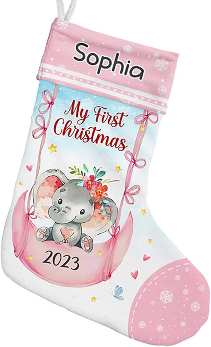 LOVELYPOD Christmas Stockings Personalized with Name, 19" Christmas Stocking Baby Gift My First Christmas Pink Elephant Stocking 2023, Xmas Stocking Holiday Christmas Decoration Gifts for Family Kids