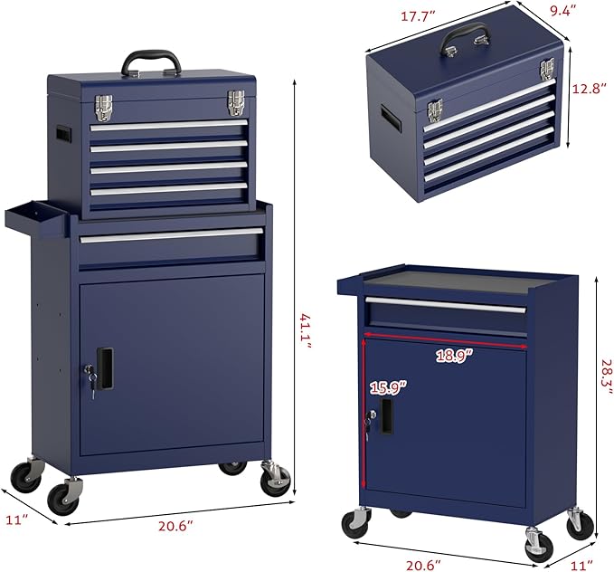 5-Drawer Tool Box with Wheels, Rolling Tool Storage Cabinet with Detachable Top Tool Chest and Locking Mechanism, Metal Tool Cart for Garage Workshop and Room Use (Blue)
