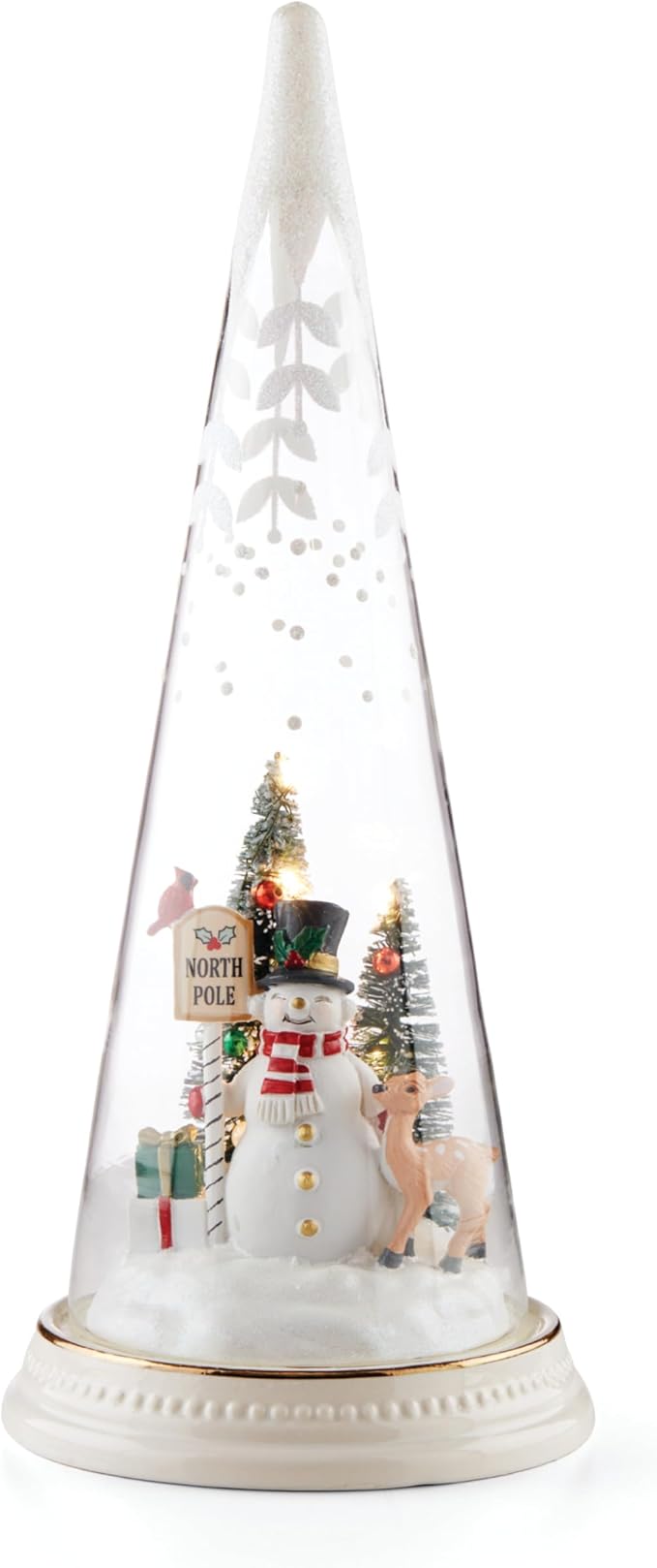 Lenox 895174 Lit Christmas Cone with North Pole Snowman Scene, Holiday Decor