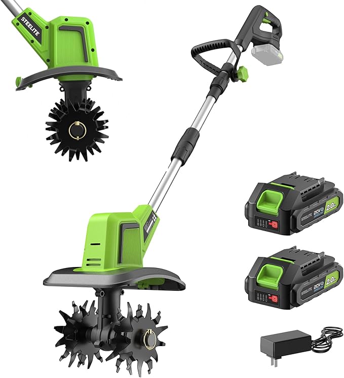 STEELITE 20V Battery Powered Tiller, 360 RPM Cordless Tiller, 400W Powerful Motor, 9-inch Tilling Width and 7-inch Depth Portable Rotary Tiller, 2¡¿2Ah Battery & Charger Included