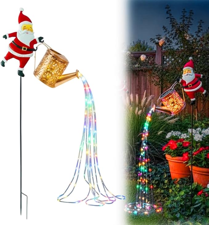 Christmas Santa Solar Kettle Lights Garden Lawn Decorative Lights, Hanging Metal Solar Santa Claus Watering Can Light for Outdoor, Xmas Yard Decor Lamp Vintage Lantern for Patio Path (Multicolor)