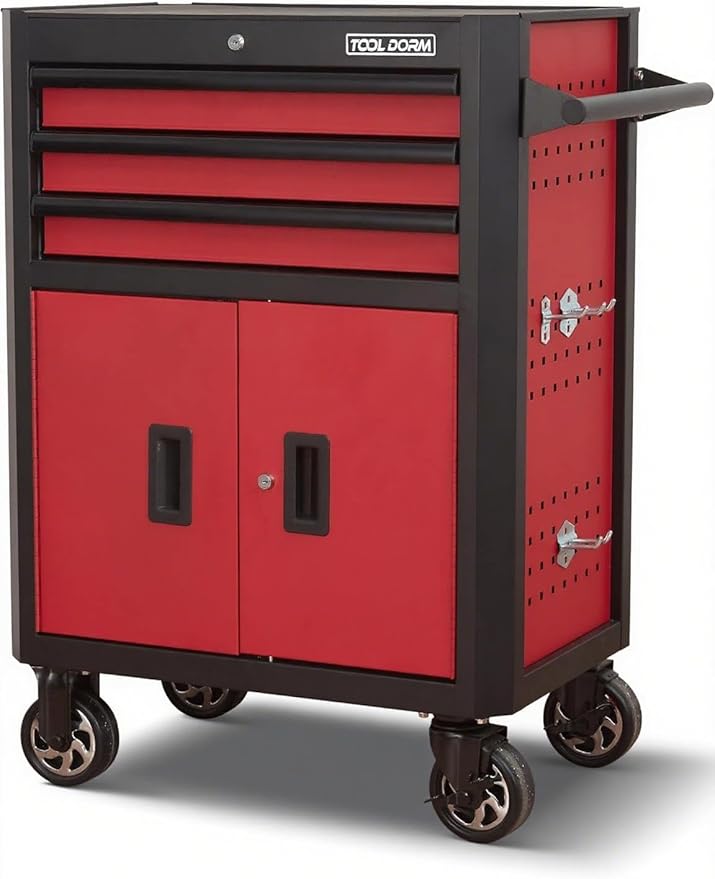 Rolling Tool Chest with Locking Wheels - Tool Box with 3 Drawers & 1 Big Tool Cabinet with 2 Door, 18.5 D x 28 W x 40 H Mobile Tool Storage Cabinet, Heavy-Duty Garage Organizer w/Ergonomic Handle