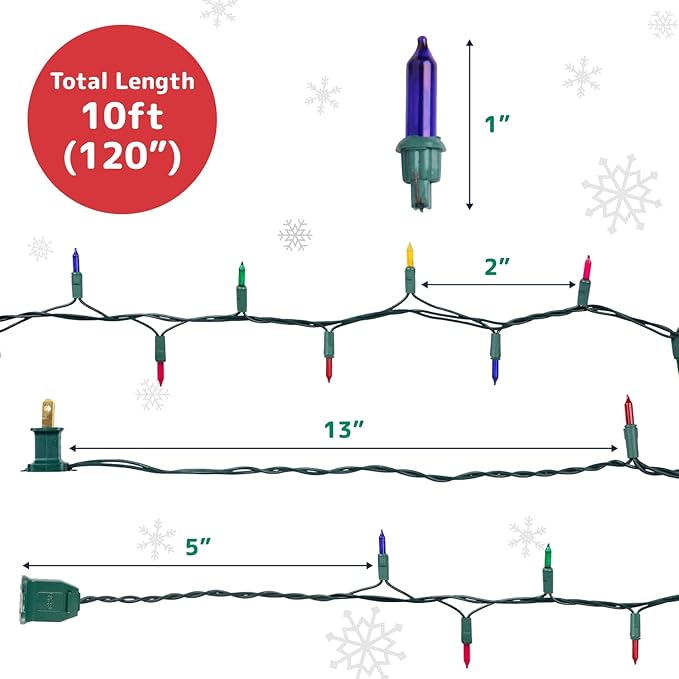 PREXTEX 50 Ct. Multi-Color Christmas Tree Lights with Green Wire - 10 Ft String Lights for Indoor and Outdoor Use - Multicolor Incandescent Christmas Tree Decoration with End-to-End Connectors