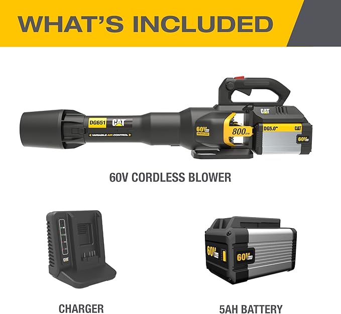 Cat DG651 60V 800 CFM 170 MPH High-Powered Leaf Blower Cordless, Adjustable Speed Blowers for Lawn Care, Lightweight Cordless Leaf Blower with Variable Air Control ? Battery & Charger Included