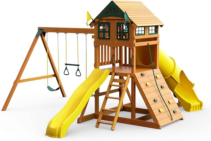 Gorilla Playsets 01-1075-Y Outing Wood Swing Set with Wood Roof and Twister Tube Slide - Yellow Slides, Amber