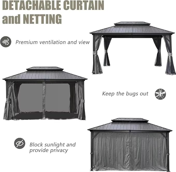 Domi 8’ X 10’ Hardtop Gazebo Canopy with Netting & Curtains, Outdoor Metal Gazebo with Galvanized Steel Double Roof for Patio Lawn and Garden, Gray