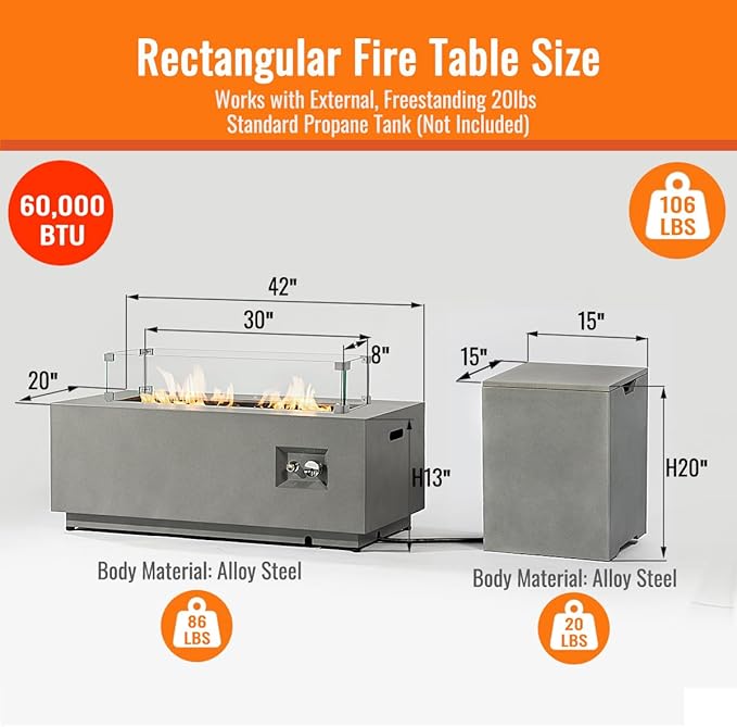 42 Outdoor Propane Fire Pit Table for Patio - 50,000 BTU Rectangular Gas Firepit Table, Grey Commercial-Grade Fireplace with Wind Guard