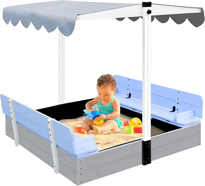 Wooden Kids Sandbox with Lid Sand Box with Canopy Outdoor Sandpit with Cover Adjustable Roof Bottom Liner
