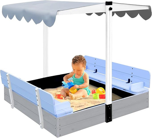 Wooden Kids Sandbox with Lid Sand Box with Canopy Outdoor Sandpit with Cover Adjustable Roof Bottom Liner