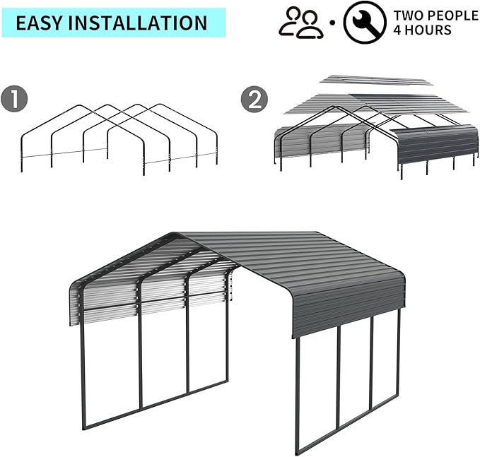 10x15 FT Metal Carport, Heavy Duty Car Port Canopy with Galvanized Steel Roof & Frame, Large Metal Carport Kit, Outdoor Car Garage, Steel Car Shelter for Car, Boat, Truck, Black