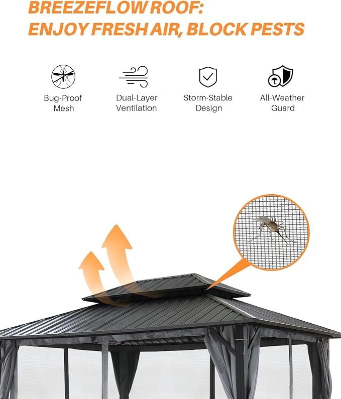 12' x 16' Hardtop Gazebo, Outdoor Patio Gazebo, Aluminum Frame Patio Hardtop Gazebos with Netting and Curtain, Outdoor Patio Pergola with Double Steel Roofs for Deck, Lawns, Garden, Slate Gray