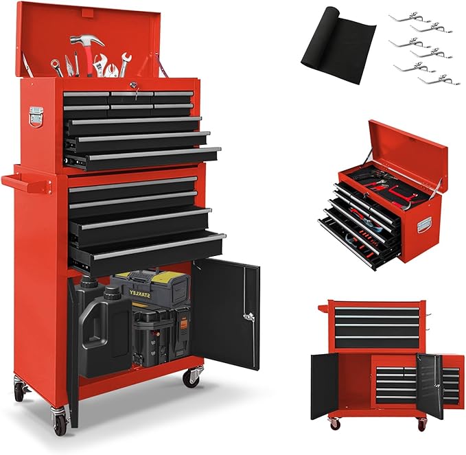 13 Drawers Tool Chest with Wheels, Rolling Tool Box with Drawers, Metal Tool Cabinet for Garage, Workshop(Red-Black)