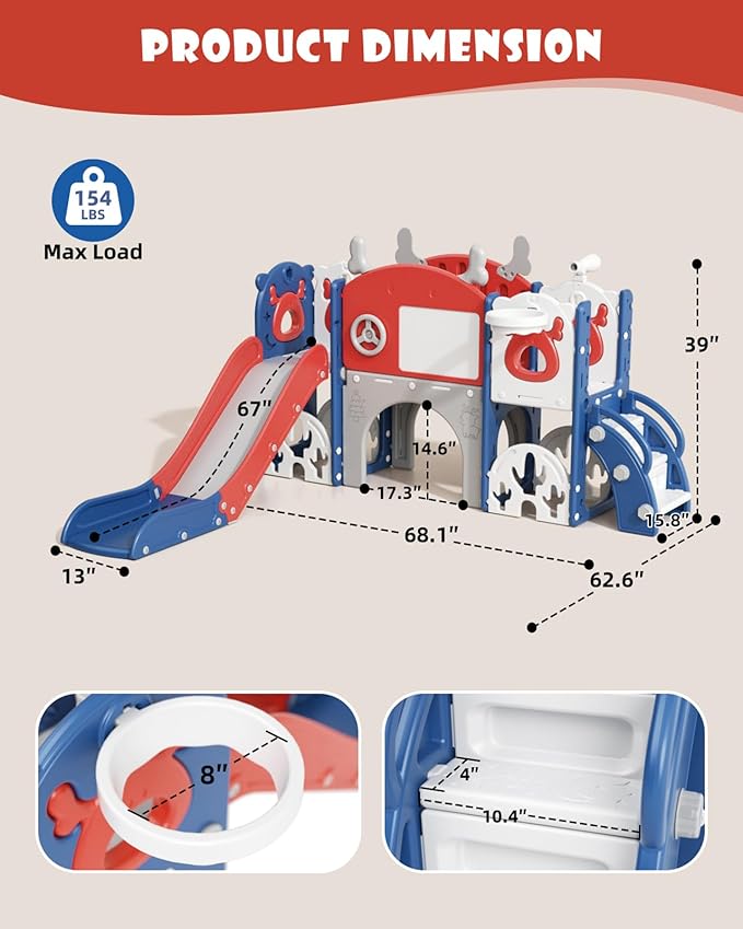 XJD 13 in 1 Toddler Slide Set, Kids Slide for Toddlers Age 1+, New Upgrade with Golf Set, Basketball Hoop, Drawing Board for Indoor Outdoor Playset, Birthday Gifts for Toddler (Blue Red)