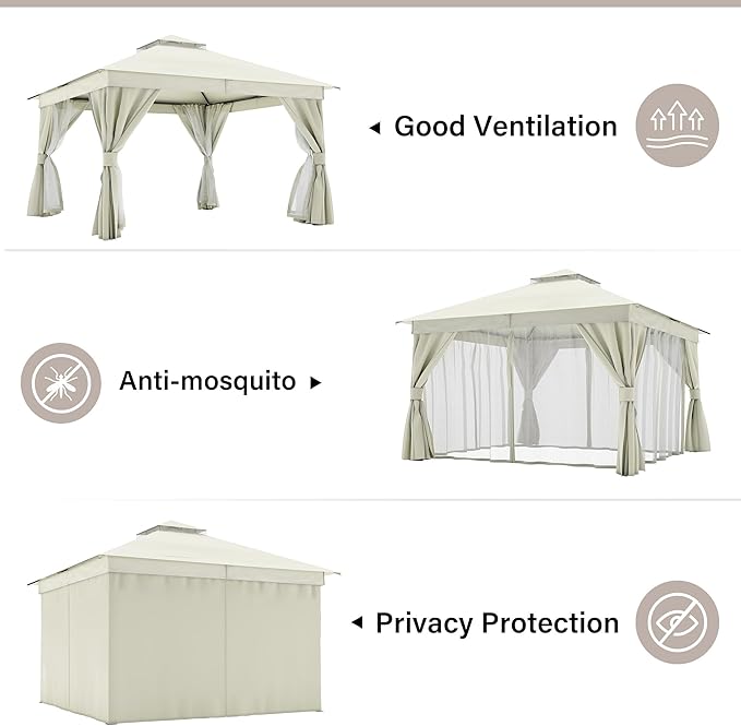 LAUSAINT HOME 12x12ft Outdoor Patio Gazebo with Double Roof, Heavy Duty Waterproof Gazebo Canopy Tent with Mosquito Netting for Backyard, Garden, Lawn & Wedding, Cream White