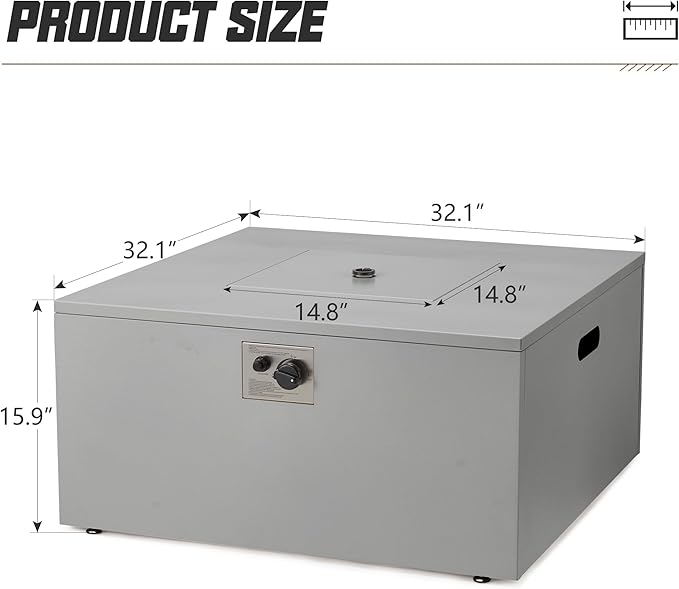 ECOTOUGE 32 Square Propane Fire Pit Table, 50,000 BTU Outdoor Gas Fire Pit with Lid, Steel Fireplace w/Weather-Resistant Pit Cover, Lava Rocks for Patio, CSA Certified, Grey