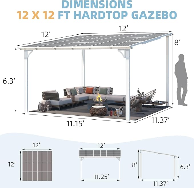 AECOJOY 12' x 12' Gazebo in White, Large Outdoor Wall Mounted Gazebos on Clearance, Patio Lean to Gazebo Metal Awnings for Decks,Patio, Porch, Backyard and More