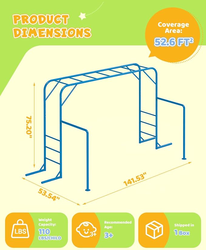 Outdoor Monkey Bar Set for Kids, with Climbing Frame, Gymnastics Bars, Playground Sets for Backyards, Metal Monkey Bars for Kids Age 3+, Backyard Set with Powder Coated Steel, Blue