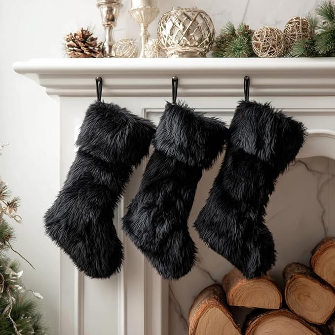 AOGU 3 Pack 18 Inch Black Christmas Stockings Faux Fur Xmas Christmas Stockings Hanging Ornaments Candy Gift Bags for Christmas Decorations