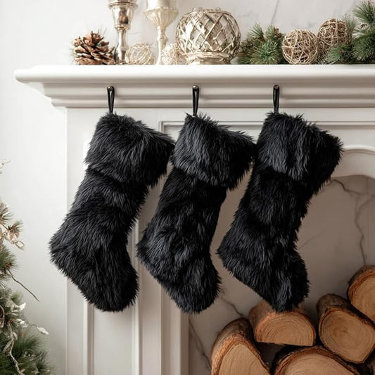 AOGU 3 Pack 18 Inch Black Christmas Stockings Faux Fur Xmas Christmas Stockings Hanging Ornaments Candy Gift Bags for Christmas Decorations