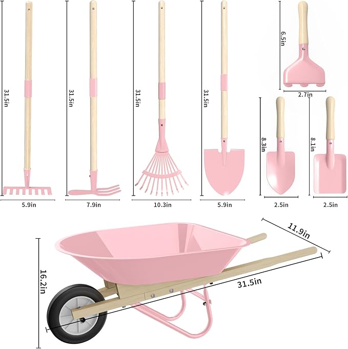 Kids Wheelbarrow Set with Gardening Tools Outdoor Backyard Garden Play for Toddlers Boys Girls 3-8, with Shovel, Rake, Leaf Rake, Easter Birthday Gifts (Pink Garden Set)