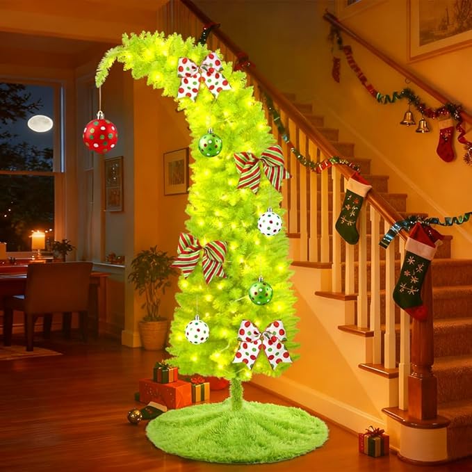 YUJUN 5.25ft Christmas Whimsical Bendable Artificial Tree, 150 LED Lights Christmas Green Tree Skirt with Timer 8 Lighting Modes for Xmas Indoor Outdoor Home Living Room Office Holiday Decoration
