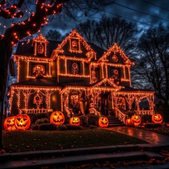OZS Purple and Orange Solar Halloween Lights Outdoor, 2 Pack 240LED 95FT Solar String Lights Waterproof with 8 Modes & Auto On/Off for Tree Party Halloween Decorations