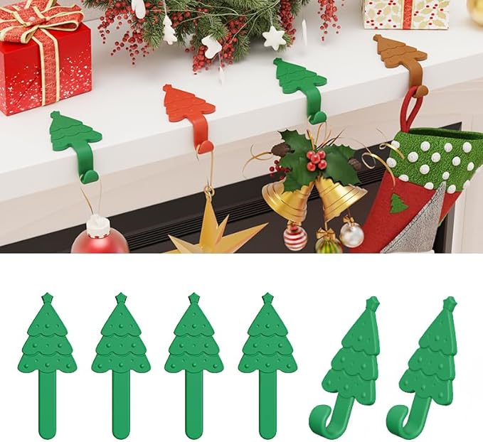 4-Pack Christmas Stockings Holder Hanger, Silicone-Wrapped Metal Design Garland Hooks for Hanging Christmas Stockings, Mantle Garland Wreath, Christmas Decorations (Green, Red)