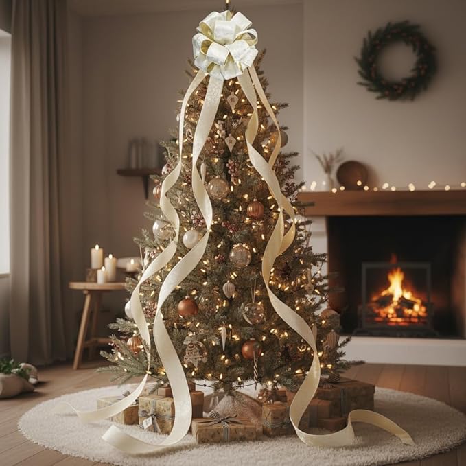 CT CRAFT LLC Ivory Velvet Metallic Backing Christmas Tree Topper Bow 11" with 4 Ribbon Streamers x 3 Yards Long Each for Holidy Elegant Fancy Home Décor Indoor