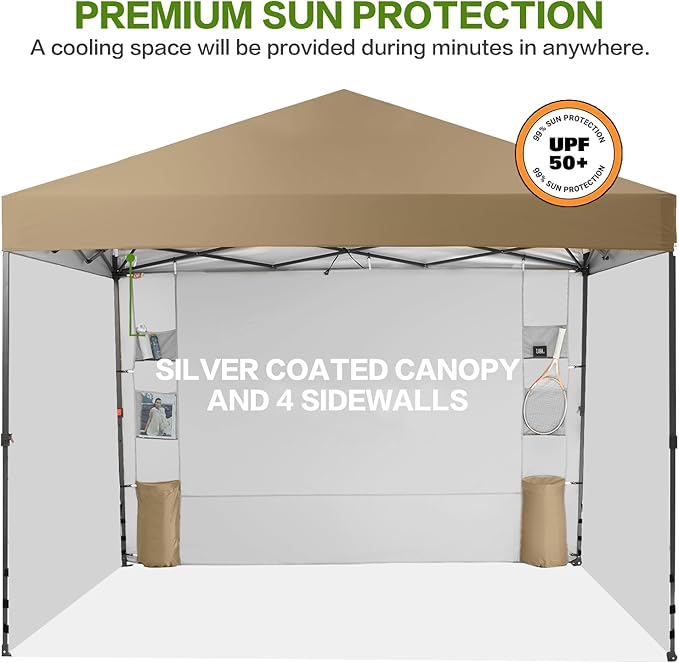 10X10 Comercial Pop Up Canopy Tent with 4 Sidewalls and 6 Pockets, One Push Setup Center Lock, for Beach Patio Outdoor, Case, 8 Stakes, 4 Ropes, 4 Sandbags (Dun Khaki)