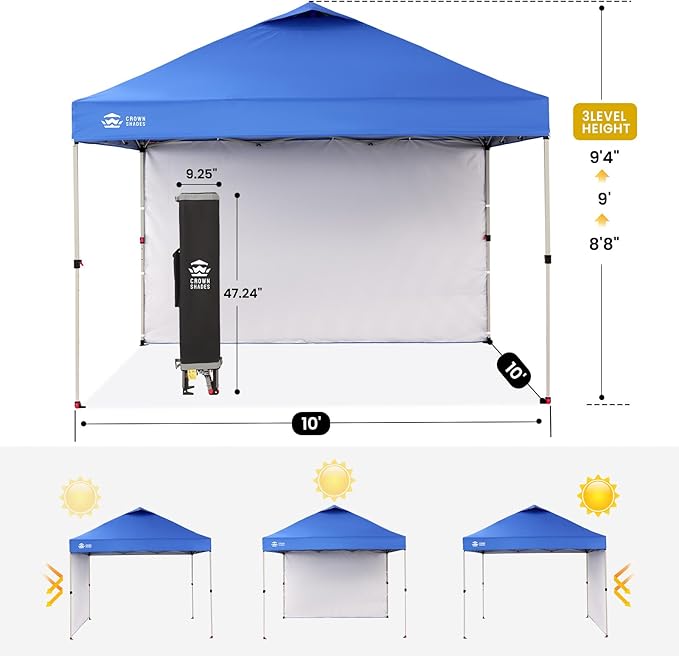 CROWN SHADES 10x10 Pop Up Canopy with 1 Side Wall - Beach Tent with One Push Setup - Outdoor Sun Shade for Events, Parties, Camping - Gazebo with STO-N-Go Cover Bag (Blue)