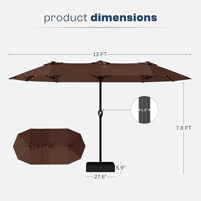 13FT Double-Sided Patio Umbrella with 48 Solar LED Lights, Large Rectangular Outdoor Market Umbrella with Crank Handle, Vented Canopy, Heavy-Duty 12 Rib Steel Frame, for Backyard, Garden, Pool, Brown